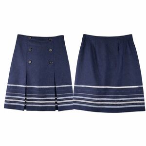 LOFT Ann Taylor Skirt A-Line Wool Blend Front Pleated Navy Blue Stripes Sz 6